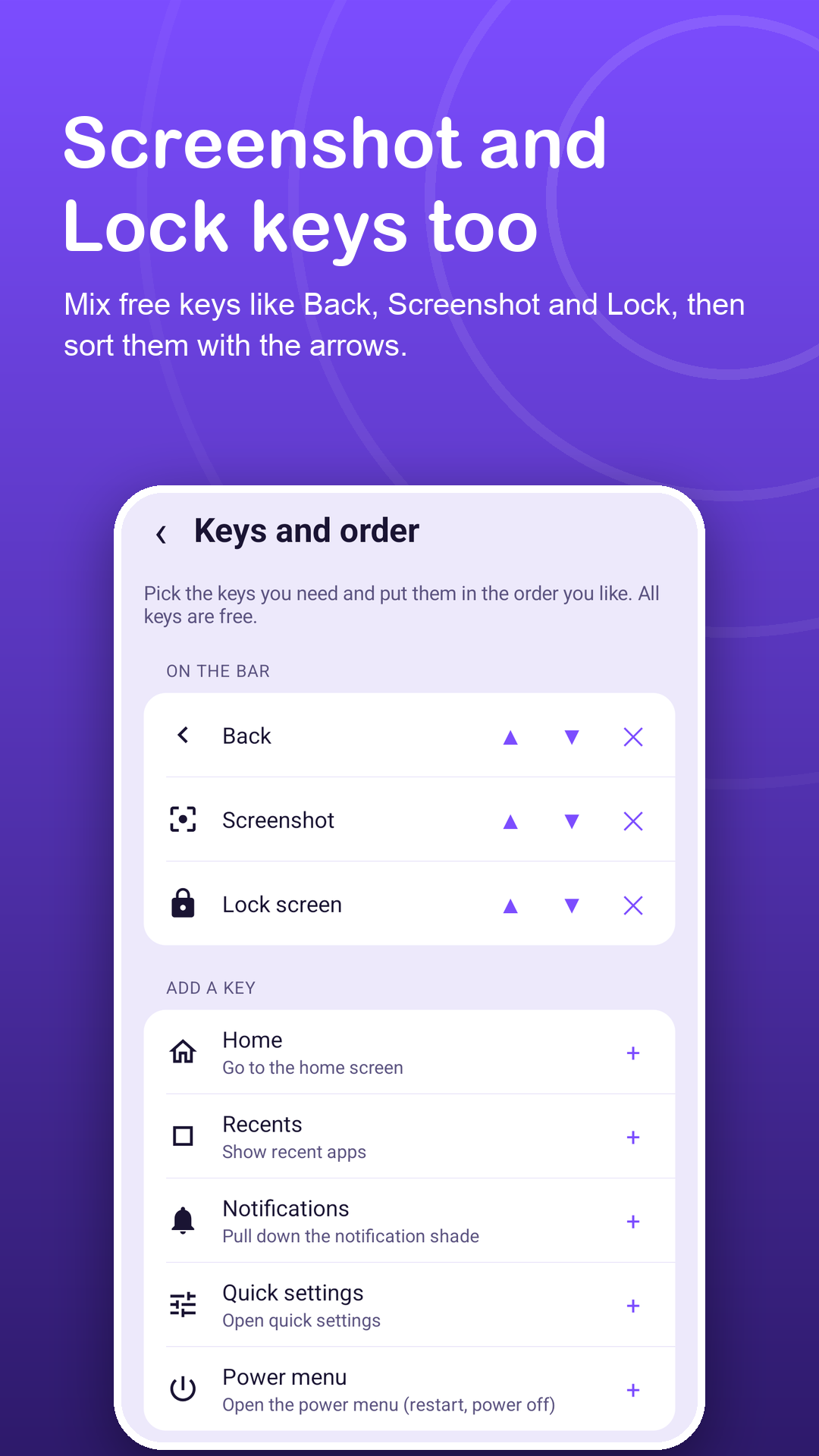 Keys and order screen with Screenshot and Lock screen keys added