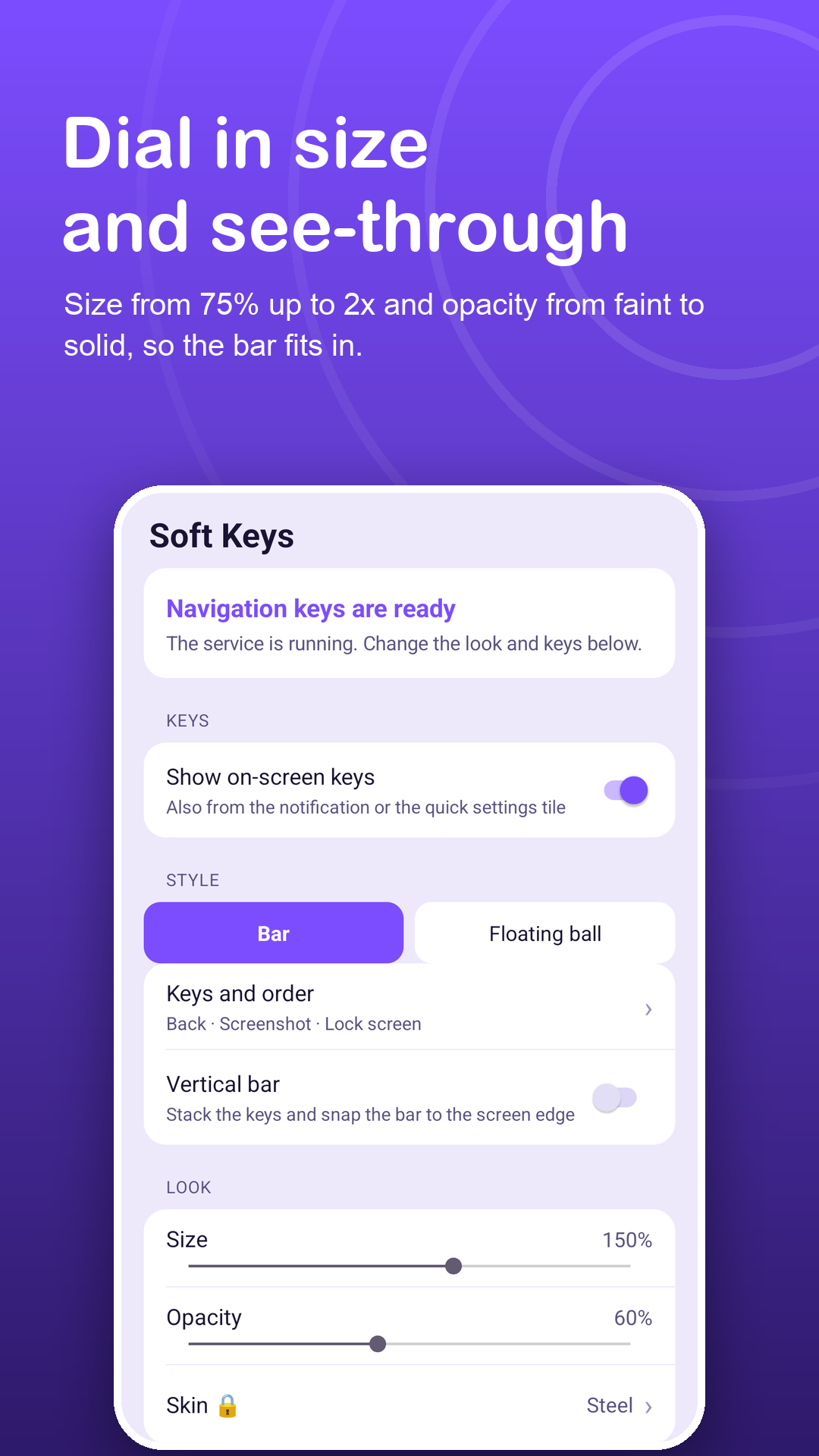 Look settings with size at 150% and opacity at 60%